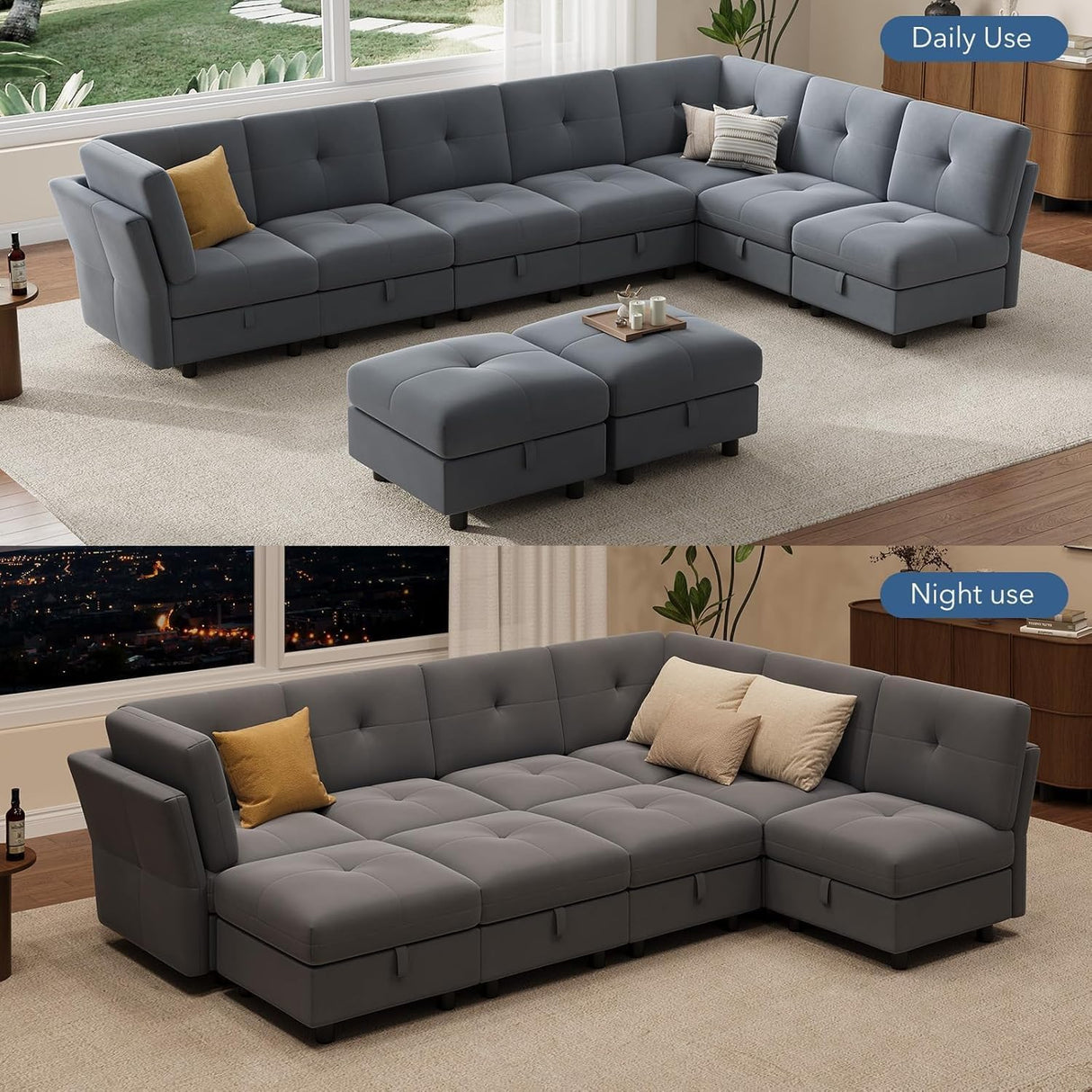 143" Modular Sectional Sofa with Storage - U Shaped Convertible Couch for Living Room, Deep Seat Cloud Couch with Ottoman, Modern L-Shaped Sofa Bed Alternative, Black SLEKVERSA