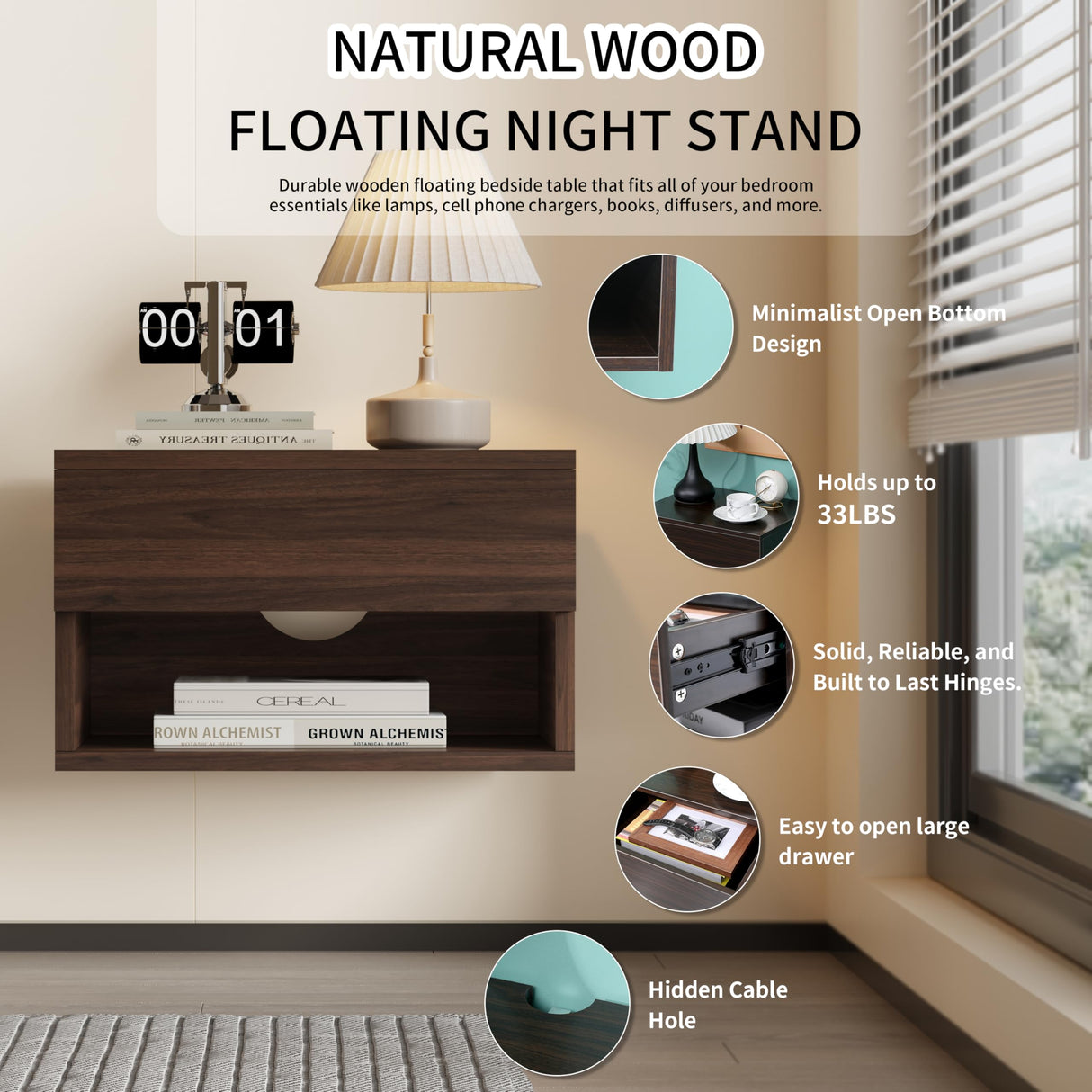 Wall Mounted Floating Night Stand - Wall Mounted Floating Nightstand with Drawer for Dorm & Bedroom, Cute Natural Wood Bedside Shelf & Desk, Storage Table with Soft Close Rails, Shelve for Decor Speed Wagon Foundation