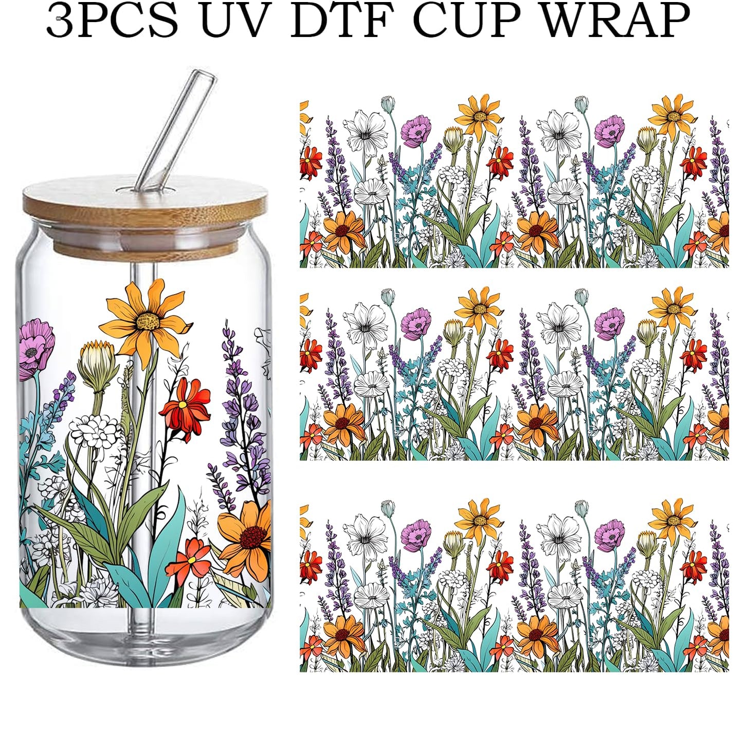 UV DTF Glass Cup Wrap Transfer Decal- Gift for Woman, Gift Your Self,Sister BBF Cowoker, Sublimation Design Wildflowers Summer UVDTF Waterproof Decal for 16oz Glass Cups - Ceramic Mug DIY Crafts-3PCS