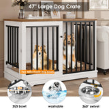 Dog Crate Furniture 47" Large Dog Kennel for Dogs Indoor, Heavy Duty Dog Cage with Sliding Door and 2 SUS Bowls Wooden End Table in Living Room for Small Medium Large Dogs, White TTVIEW