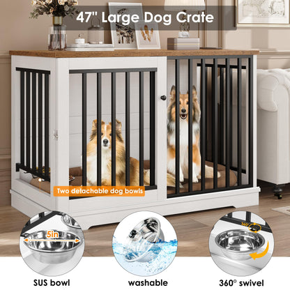 Dog Crate Furniture 47" Large Dog Kennel for Dogs Indoor, Heavy Duty Dog Cage with Sliding Door and 2 SUS Bowls Wooden End Table in Living Room for Small Medium Large Dogs, White - WoodArtSupply