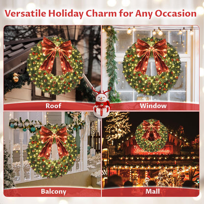 48inch Large Christmas Wreath - Outdoor Christmas Wreath with 300 Lights and Timer Remote Control, Red Bows, Jingle Bells, Pine Cones, Berry Clusters - 720 PVC Tips Artificial Pre Lit Xmas Wreaths