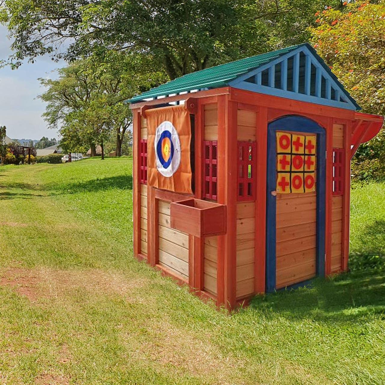 Outdoor Playhouse for Age 3-8 Years Boy Girl, Wooden Cottage Playhouse with 4 Game Awning Window, Ball Wall, Dart Throwing & Tetris. Play House for