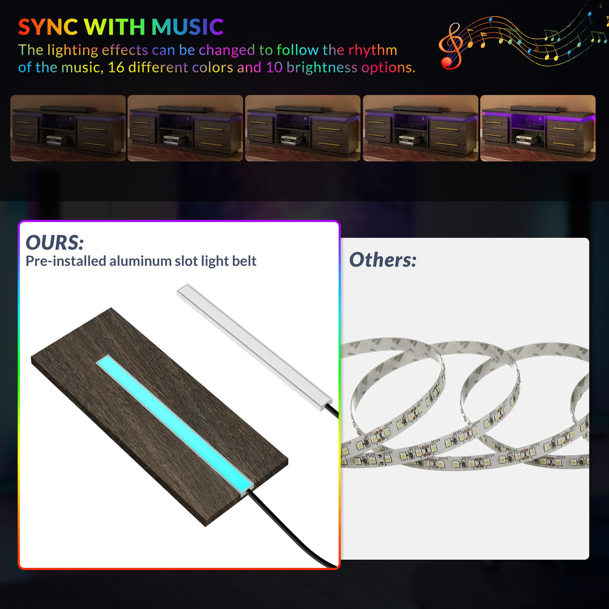 BELLEZE 66" TV Stand for TVs Up to 75", Entertainment Center with Music Sync LED Lights, Media Console Table Storage Cabinet with Open Shelves & Drawers for Living room, Bedroom - Hawthorn (Brown) BELLEZE