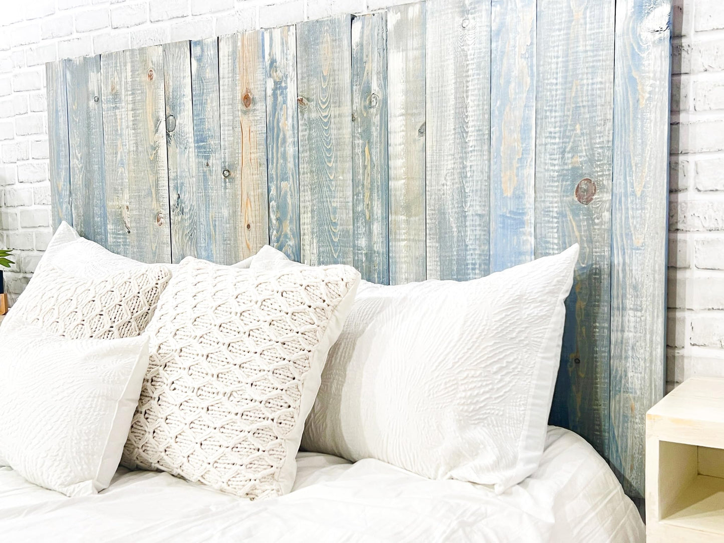 Barn Walls Blue Powderwash Headboard, Farmhouse Design, Wood Headboard, Wash Finish, Floating Panels, Wall Mount, Adjustable Height, Queen Size - WoodArtSupply