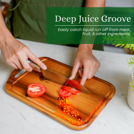 VieWood Acacia Wood Cutting Board with Juice Groove, Hanging Hole & Grip Handle for Meat, Vegetables and Cheese, Knife Friendly, Caperci Better Wood Chopping Board VieWood