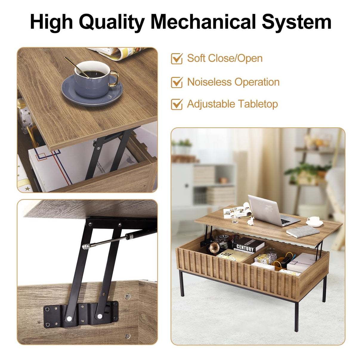 GarveeHome Lift Top Coffee Table, Mid Century Modern Coffee Table, Farmhouse Wooden Coffee Table with Hidden Storage Compartment, Rustic Center Table, Coffee Tables for Living Room Office GarveeHome