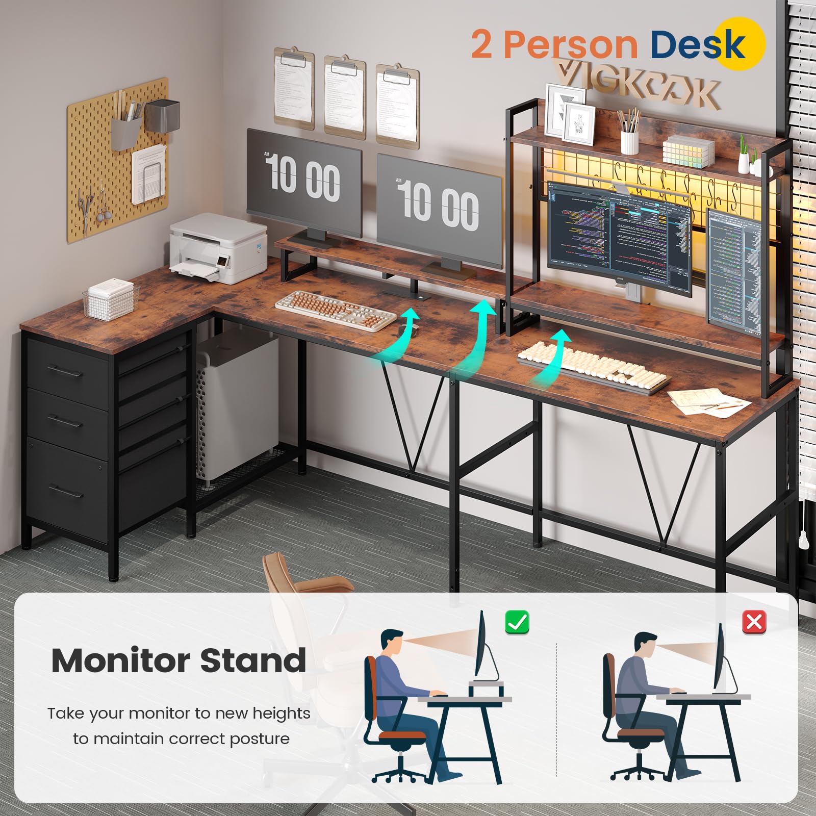 VIGKOOK U Shaped Gaming Desk with Hutch, 98.4in Reversible L Shaped Computer Desk with Power Outlets, Home Office Desk LED Light, Monitor Stand 3 Drawers Shelves Pegboard 6 Hooks (Rustic Brow - WoodArtSupply