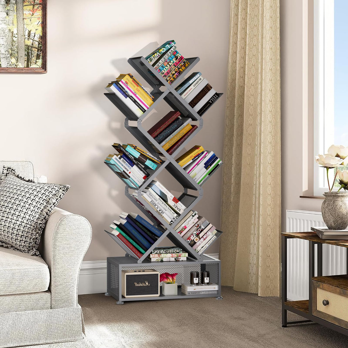 Gintan 9-Tier Modern Book Shelves with Storage, Bedroom Shelves Folding Bookshelves, No Installation Required Shelf Tree Bookcase for Living Room, Study, Home Office, Bed Room (Grey) Gintan