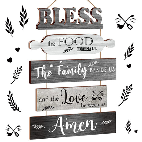 Bless The Food Before Us Sign Farmhouse Kitchen Wall Decor Rustic Dining Room Wall Art Dining Room Decorations Collage Art Wooden Rustic Country Vintage Kitchen Hanging Wood Signs (Gray) Geetery