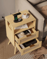 Veegle Rattan Nightstand with Charging Station,Modern Bedside Table with 2 Storage Drawer and Open Wood Shelf, for Bedroom and Small Spaces,Night Stand with Solid Wood Legs (Yellow Oak) Veegle