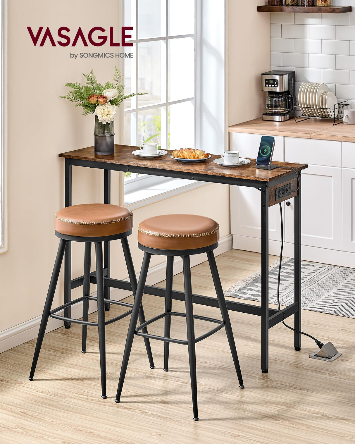 VASAGLE Bar Table, Narrow Long Kitchen Dining Table with Charging Station, Sturdy Metal Frame, Industrial, 15.7 x 47.2 x 35.4 Inches, Rustic Brown and Ink Black ULBT121K01 VASAGLE