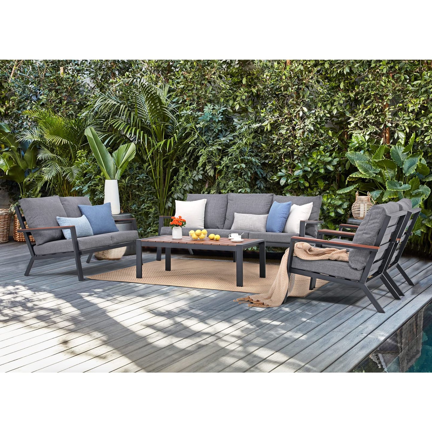 Soleil Jardin Aluminum Patio Furniture Set with FSC Certified Solid Wood Top Armrest & Coffee Table, Outdoor Deep Seating Sectional Sofa, 5 Piece Conversation Sets w/Removable Cushion, Dark G - WoodArtSupply