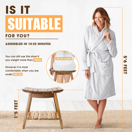 Acacia Shower Stool Bench for Inside Shower to sit on, 18 Inches Shower Chair with Shelf for Shaving Legs, Spa, Bath Seat, Waterproof Inside Shower Bench for Adults Seniors Elderly (18 in with Shelf) ENKEZI