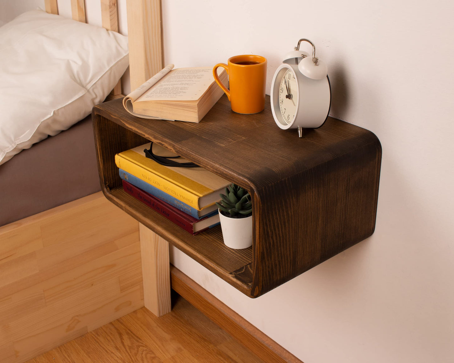 WOODCHES Floating Nightstand Wooden, Bedside Table, Nightstand Shelf, Handmade, Wall Mounted Bedside Shelf, Minimalist and Unique Style (Vancouver) - WoodArtSupply