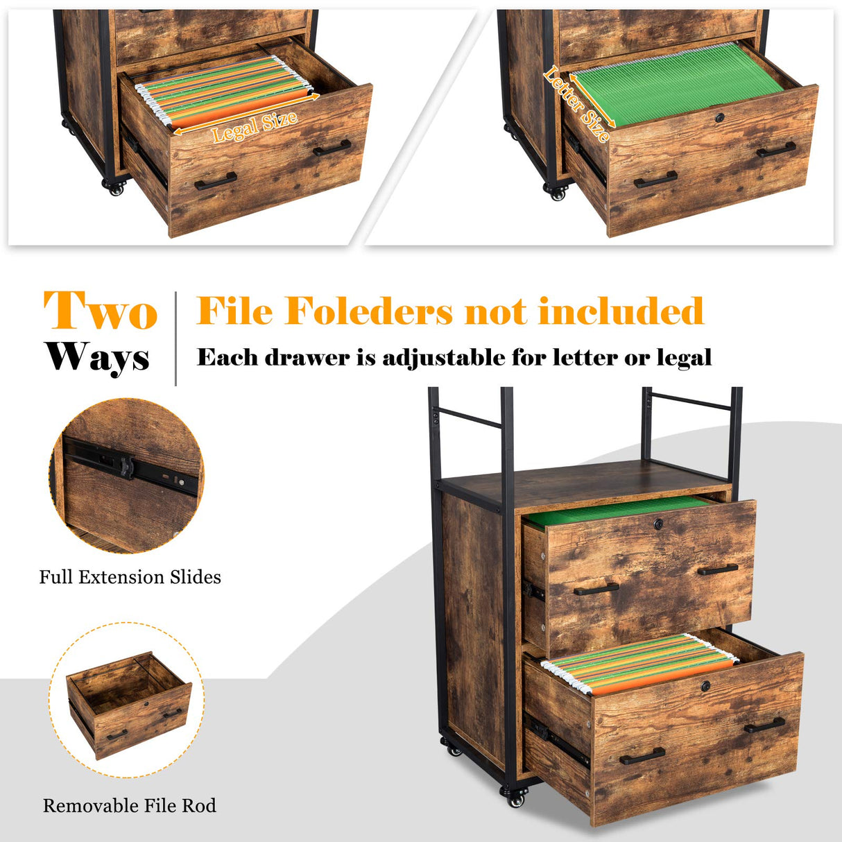 VINGLI Rustic Brown 65.7" Lockable 2 Drawer File Cabinet with Shelves - Versatile Freestanding/Rolling Design for Home Office VINGLI