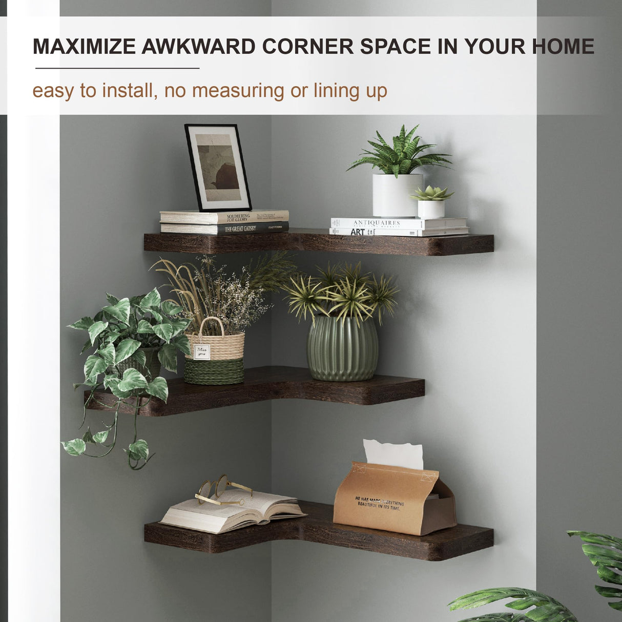 fuqing Floating Corner Shelves, Wall Shelf Set of 3, Shelves for Wall Storage, Solid Wood Shelves for Storage, Wall Mount Wooden Display Shelf for Bathroom Bedroom Kitchen Garage, Rustic Brown fuqing