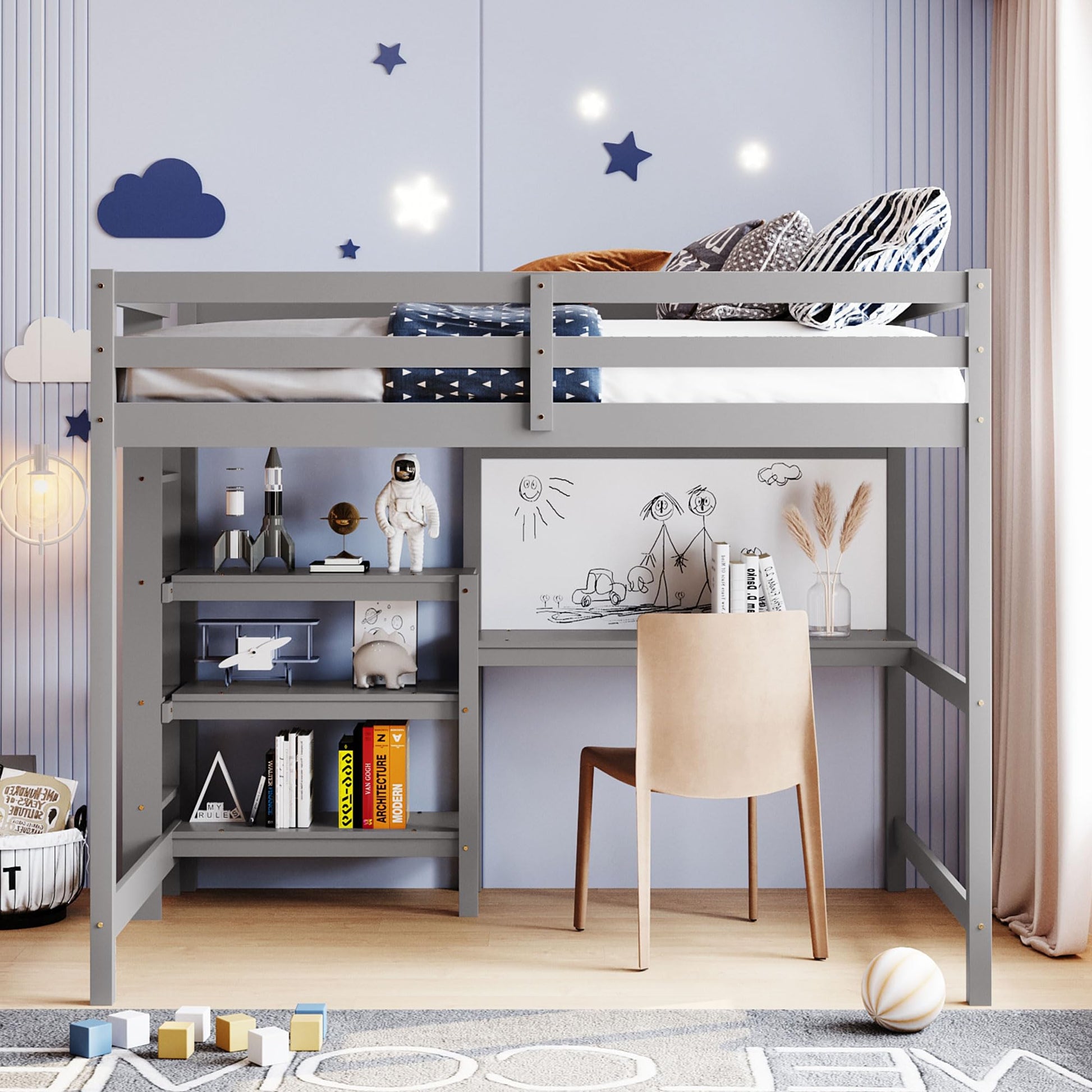 Harper & Bright Designs Full Size Gray Loft Bed with Integrated Desk, Bookshelf, and Writing Board - WoodArtSupply