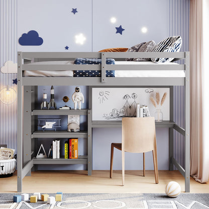 Harper & Bright Designs Full Size Gray Loft Bed with Integrated Desk, Bookshelf, and Writing Board - WoodArtSupply