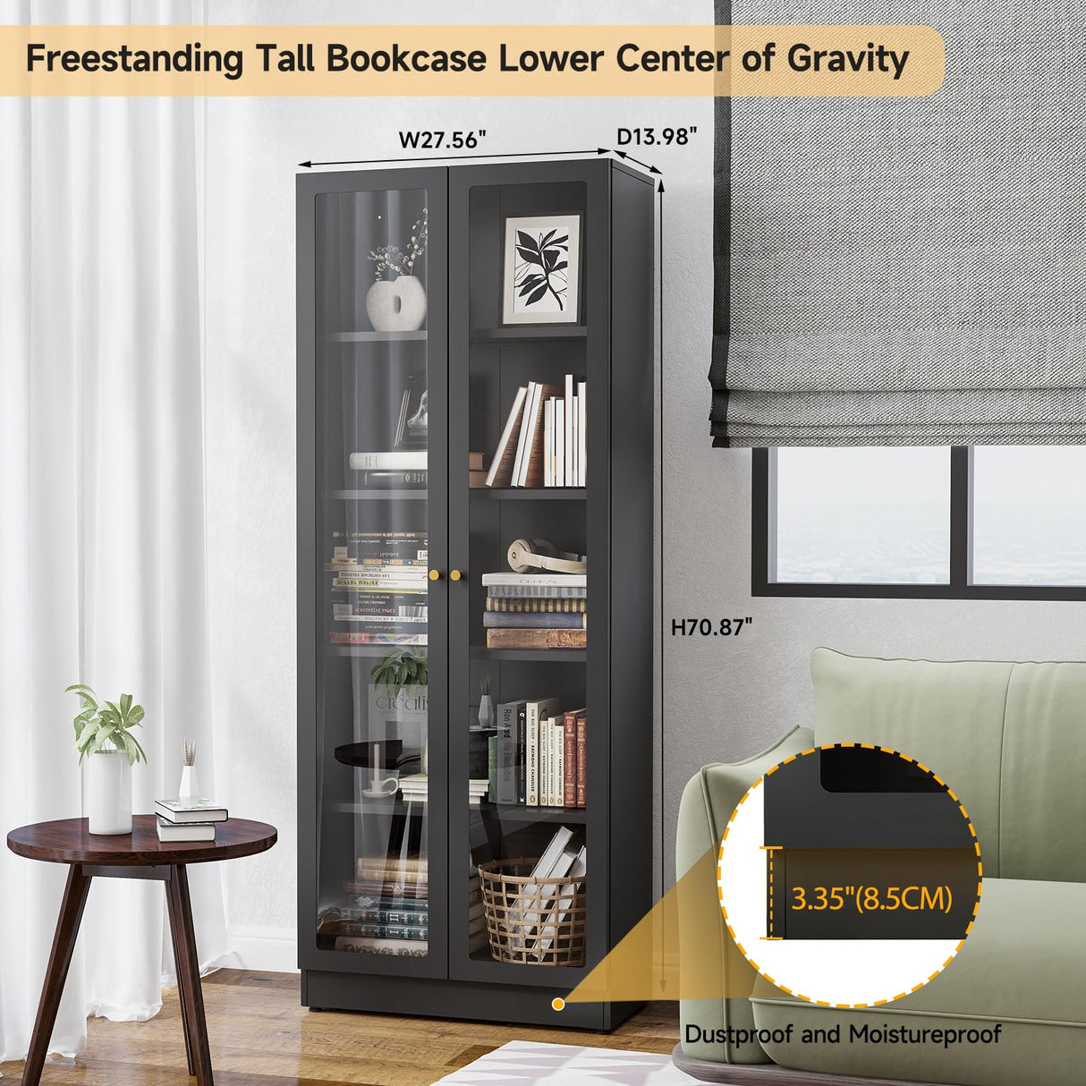 IRONMIX Metal Black Bookshelf with Doors, Tall Bookshelf with 4 Adjustable Shelves, 70.87" H Modern Curio Cabinet for Collectibles, Cabinet Display Case for Home Office, Living Room, School, Library IRONMIX