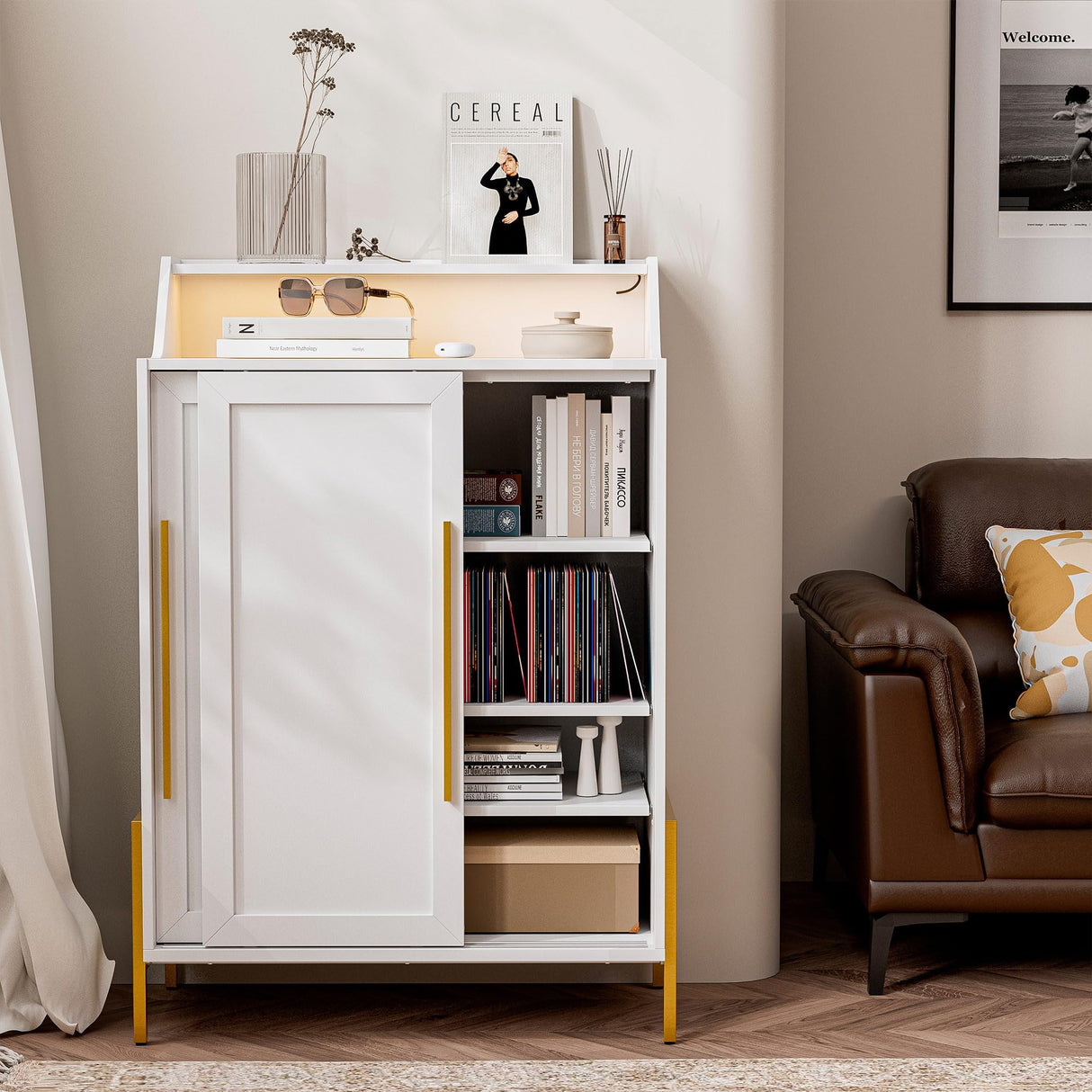 BELLEZE Storage Cabinet with LED Lighting, Sideboard with Sliding Doors and Adjustable Shelves, Entryway Shoe Rack, Accent Cabinet for Living Room and Bathroom - Dana (White) BELLEZE