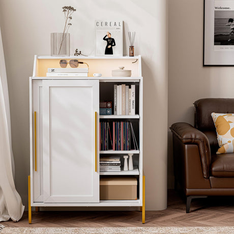 BELLEZE Storage Cabinet with LED Lighting, Sideboard with Sliding Doors and Adjustable Shelves, Entryway Shoe Rack, Accent Cabinet for Living Room and Bathroom - Dana (White) BELLEZE