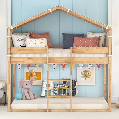 Harper & Bright Designs Twin Over Twin House Bunk Bed with Tent in Natural Wood Finish - WoodArtSupply