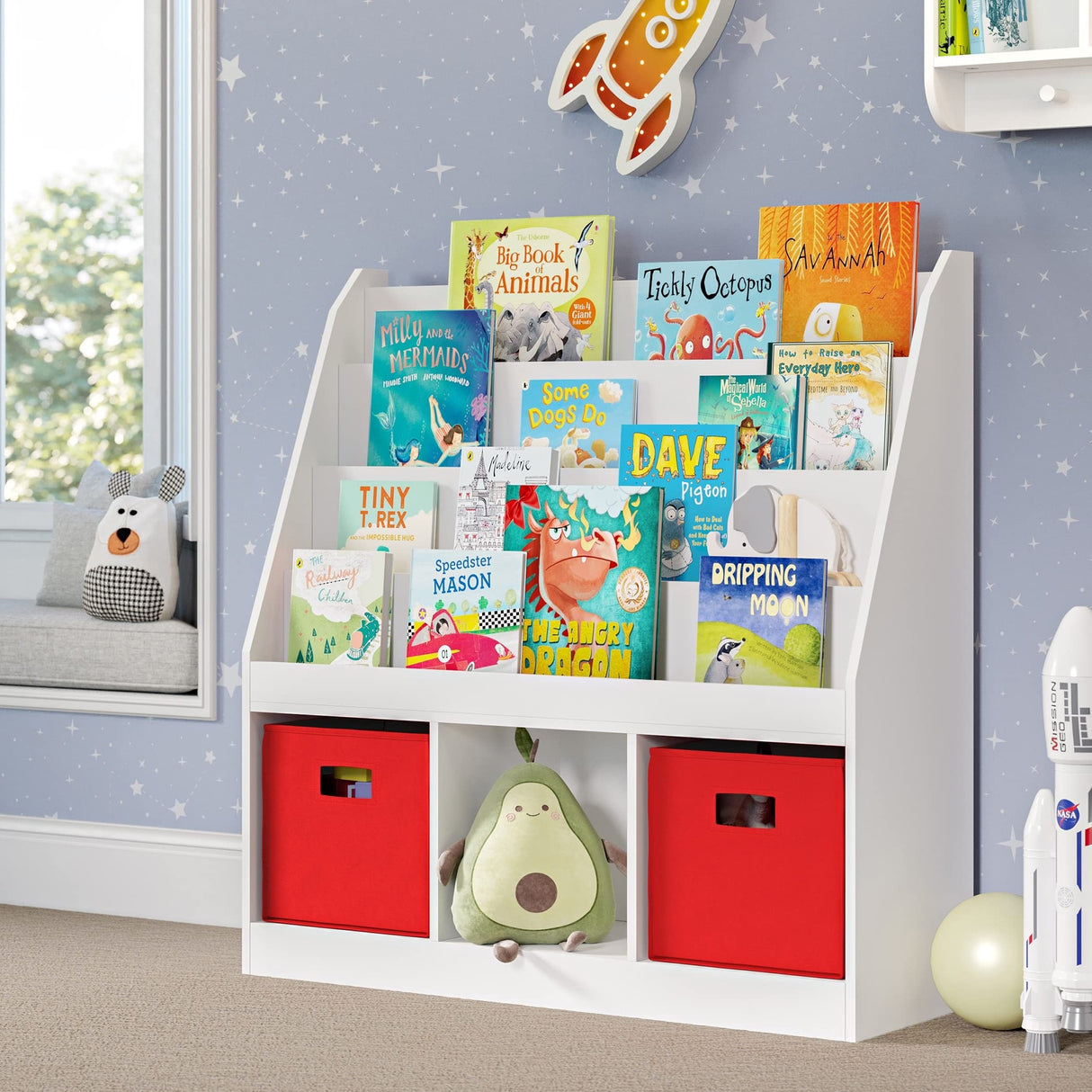 RiverRidge Kids 4 shelves Three Cubbies Bookrack, White (02-251), 11.81"D x 35"W x 36"H RiverRidge