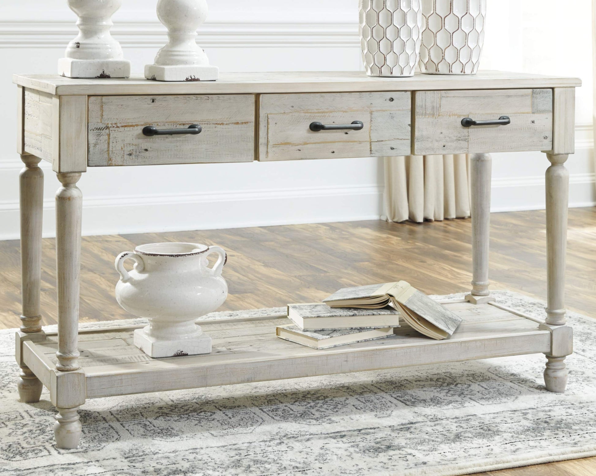 Signature Design by Ashley Shawnalore Farmhouse Solid Pine Wood Sofa Console Table, Whitewash - WoodArtSupply