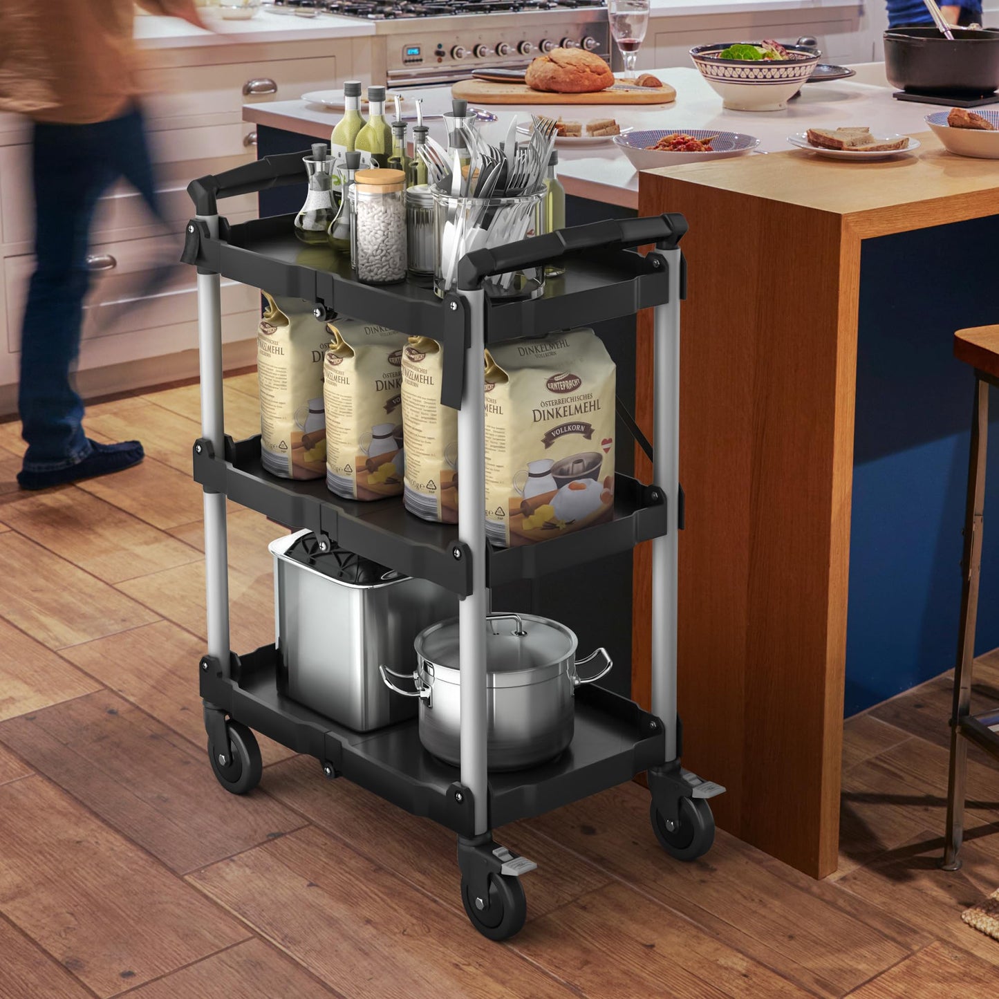 YITAHOME Folding Utility Service Cart, 350LBS 3 Tier Foldable Cart with Wheels Collapsible Cart on Wheels with 360°Swivel Wheels (2 with Brakes), Portable Cart for Home Garage Restaurant Office