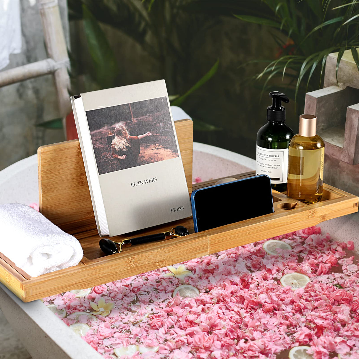 Premium Bathtub Caddy Tray for Tub, Bamboo Bath Tray for Tub with Extending Sides, Adjustable Bath Tub Tray Wood for Luxury Bath Fits Most Bath Tubs Bathtub Accessories Gift Idea BESHOF