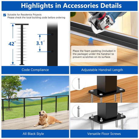 Zylorix 4ft-8ft Complete Set 42" Deck Cable Railing System with Handrail Adjustable, T304 Stainless Steel Black Level Drilled Cable Railing Posts Kit with 1/8" Cable Railing Hardware for Outdoors Zylorix