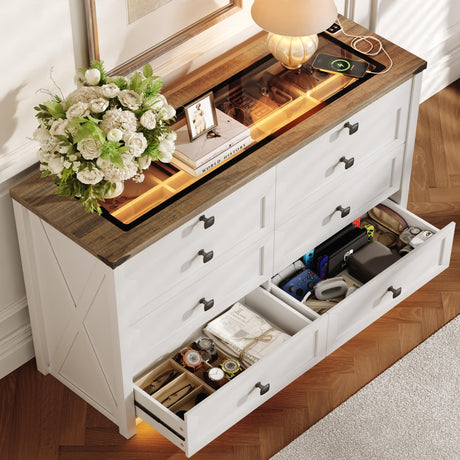 QPLZF Farmhouse 8 Drawers Dresser for Bedroom, Wooden Chest of Drawers with Charging Station and LED Lights, Human Sensor, Storage Organizer for Living Room and Hallway (White) QPLZF