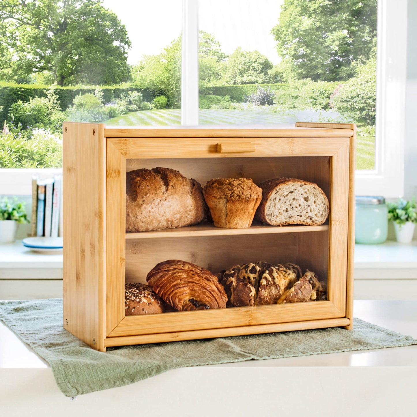 Laura's Green Kitchen Bread Box - Bamboo Bread Box For Kitchen Countertop | Bread Storage For Homemade Bread, Double Layer Bread Box For Kitchen Counter, Farmhouse Bread Container, Wood Bread - WoodArtSupply