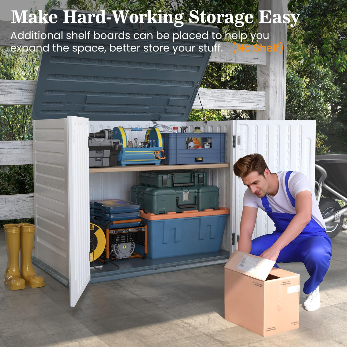 UDPATIO Outdoor Storage Cabinet 35 Cu Ft, Resin Horizontal Outdoor Trash Can Storage Box Lockable Shed 4 x 2 ft for Garbage, Garden Tools, Lawn Mowers UDPATIO