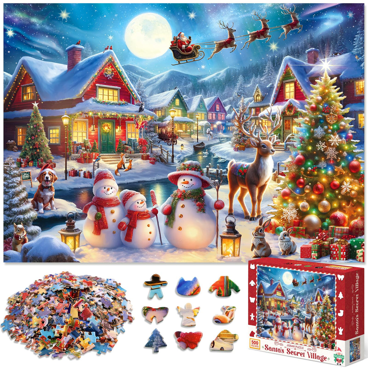 500 Piece Christmas Puzzle for Adults and Kids Santa's Secret Village Jigsaw Puzzle with Irregular Shape Christmas Puzzle Gift for Adults and Teens Family Challenging Puzzle Perfect for Game Nights Yokachi