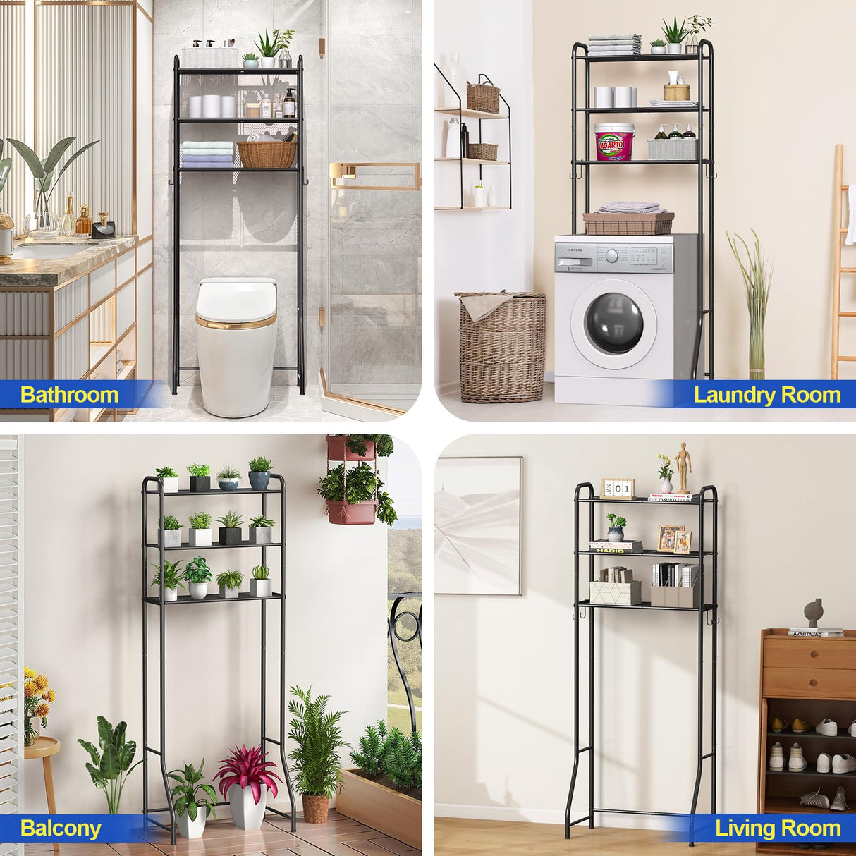 samstar 3 Tier Over The Toilet Storage Rack, Bathroom Organizer Shelves Cabinet Above Toilet, Freestanding Shelf Space Saver, Black samstar