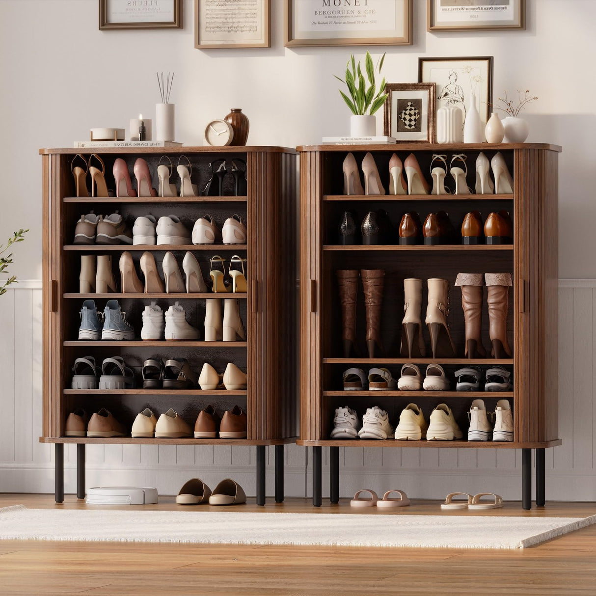 ONBRILL 6-Tier Shoe Cabinet with Sliding Door, Wooden Shoe Storage Cabinet with Adjustable Shelves, Mid-Century Modern Freestanding Shoe Storage Organizer for Entryway, Hallway, Living Room, Walnut ONBRILL