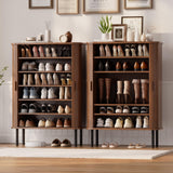 ONBRILL 6-Tier Shoe Cabinet with Sliding Door, Wooden Shoe Storage Cabinet with Adjustable Shelves, Mid-Century Modern Freestanding Shoe Storage Organizer for Entryway, Hallway, Living Room, Walnut ONBRILL