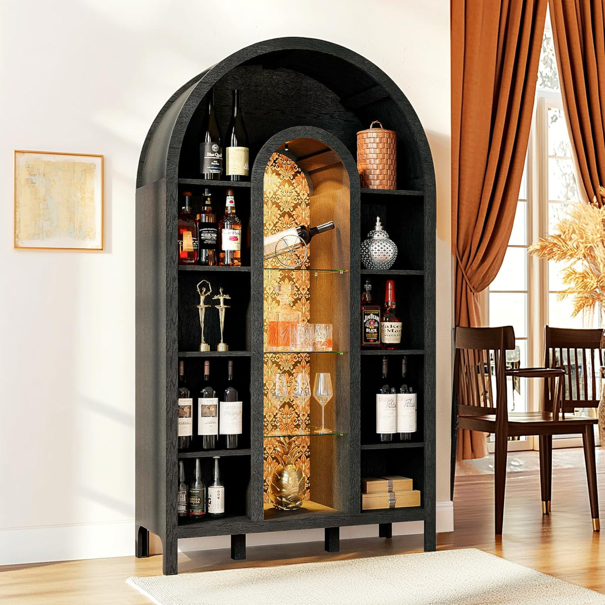 FIMELLO 70.4’’ Double-Arched Bookshelf Bookcase, Display Cabinet with Led Light, Bar Wine Cabinet with Shelves, Tall Food Pantry Furniture for Living Room, Kitchen, Dining Room, Black FIMELLO