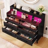 YITAHOME 6 Drawer Dressers with LED Lights, Wood Dressers Chests of Drawers, Modern Dresser with Open Shelf Storage for Room, Entryway, Hallway, Black YITAHOME