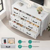 YITAHOME 7 Drawer Dresser with Built-in Power Outlet, Wood Dresser TV Stand with Large Drawers and Bar Handles, White Chest of Drawers for Living Room, Entryway YITAHOME