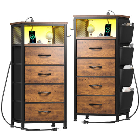 EnHomee Nightstand Set of 2, Night Stand with Charging Station & LED, Bedside Table with Fabric Drawers and Storage Shelf, Sturdy Steel Frame, Wood Top, Cloth Bags, Hooks, Brown EnHomee