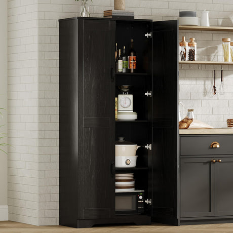 IDEALHOUSE Tall Pantry Cabinet, 60" Kitchen Pantry Storage Cabinet with 2 Doors and Adjustable Shelves, Freestanding Kitchen Cabinet, Cupboard for Dining Room, Bathroom, Living Room, Black IDEALHOUSE