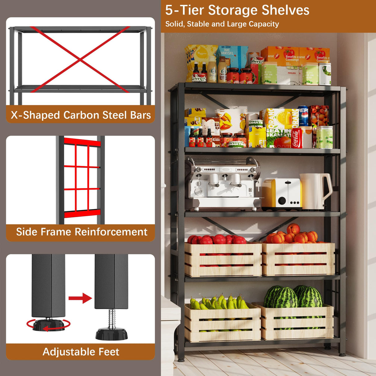 GIOTORENT 5-Wire Heavy-Duty Shelf, Standing Storage Shelves, Metal Shelving Unit Pantry Rack, 1500LB Load Capacity, for Garage Kitchen Organizer (Black) GIOTORENT