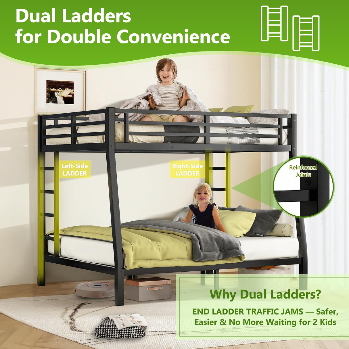 MJQFVM Full XL Over Queen Bunk Bed with 2 Ladders for Adults, Heavy Duty Metal Frame & Full Guardrails, Reinforced No-Sag Metal Slats, Space Saving for Guest Room, Dorm, Kids Bedroom, Black MJQFVM