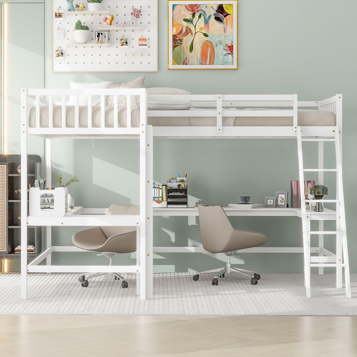 Harper & Bright Designs L-Shaped Loft Bed with Desks, Wood Twin Size Loft Bed with Ladder & 2 L-Shaped Desks, Corner Twin Bed for Kids, Teens, Adults (White) Harper & Bright Designs