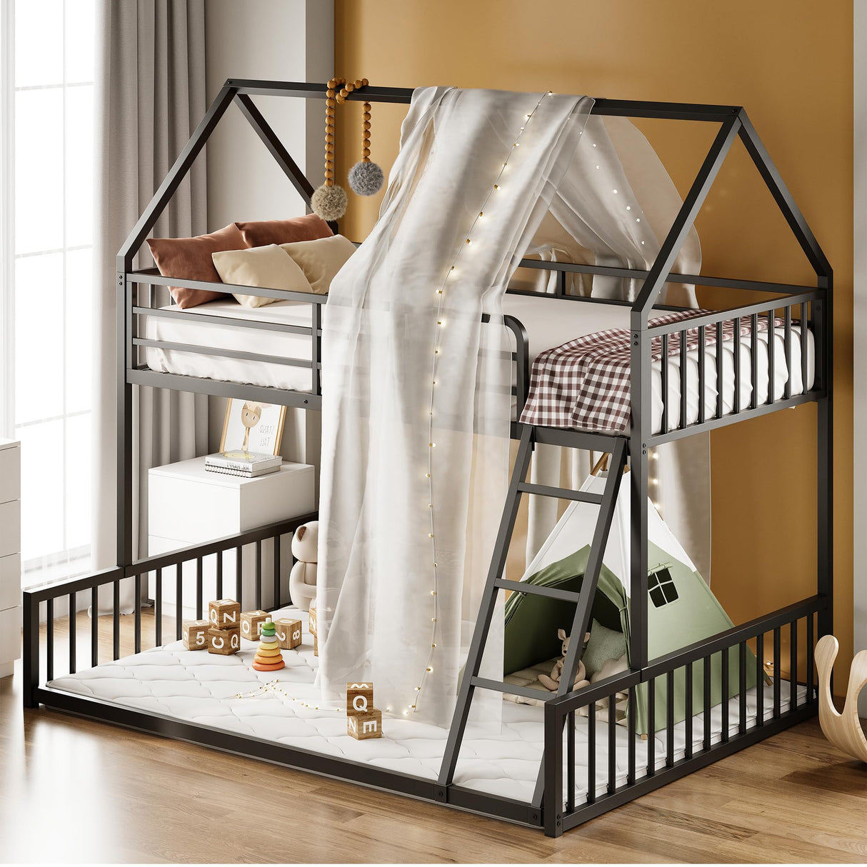 LIKIMIO Bunk Bed Twin Over Full Size, House Bunk Bed Frame with Ladder and Guardrail, House Shaped with Metal Slats Support No Box Spring Needed Space Saving for Bedroom and Dorm, Black LIKIMIO