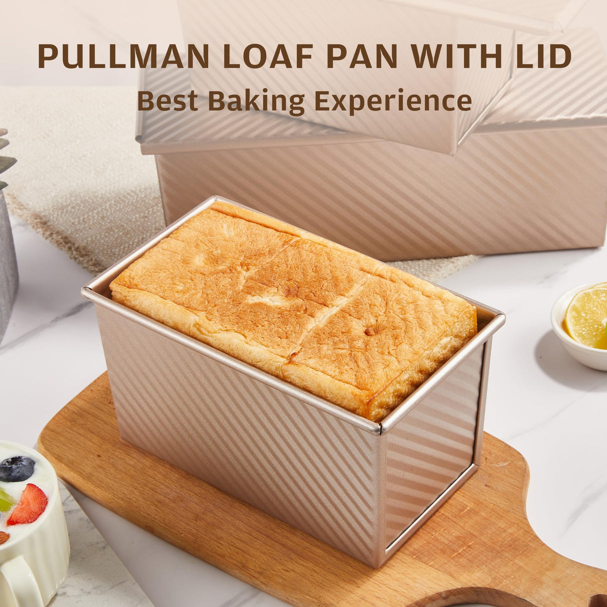 KITESSENSU Pullman Loaf Pan with Lid, 1 lb Dough Capacity Non-Stick Bakeware for Baking Bread, Carbon Steel Corrugated Bread Toast Box Mold with Cover for Baking Bread, Gold KITESSENSU