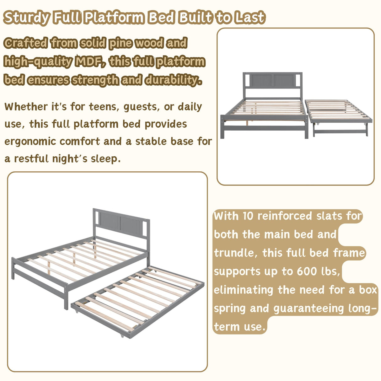 MERITLINE Full Size Bed Frame with Headboard,Wood Full Bed with Adjustable Trundle Bed, Extendable Bed Frame to 2 Beds for Kids Teens Adults (Grey) MERITLINE
